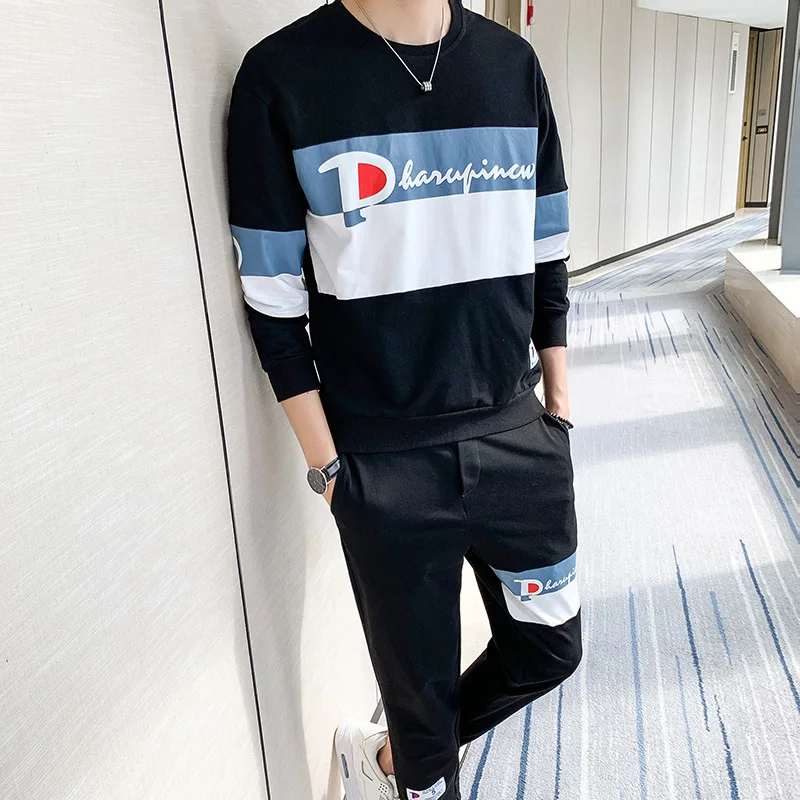 

2019 New Style Autumn Clothing Men Popular Brand Printed Sports Leisure Suit Fashion Long Sleeve round Neck Sweater Men's Two-Pi