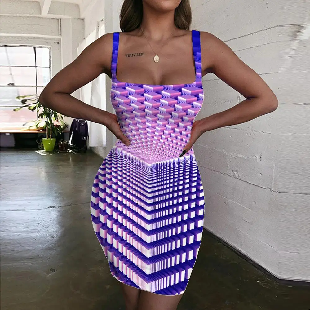 

KYKU Geometric Dresses Women Psychedelic Bodycon Dress Vortex Sundress Purple Vestido Sexy Womens Clothing Plus Size Short