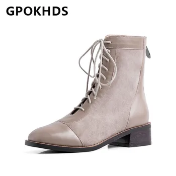 

GPOKHDS 2021 women Ankle boots Cow leather flock Winter short plush Square Toe Zipper Lace-Up Med heels female boots size 40