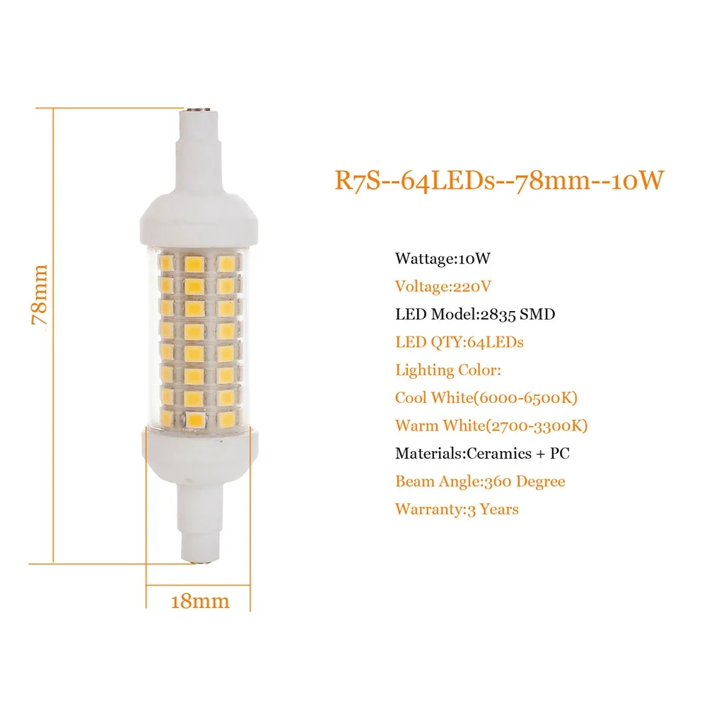 SMD 2835 78mm 10W Диммируемый СВЕТОДИОДНЫЙ R7S стеклянная трубка COB керамические лампочки 78 мм 118 мм R7S кукурузная лампа 12 Вт 15 Вт 20 Вт J78 J118 SMD 2835 замена галогенных лампочек - Испускаемый цвет: SMD 2835 78mm 10W