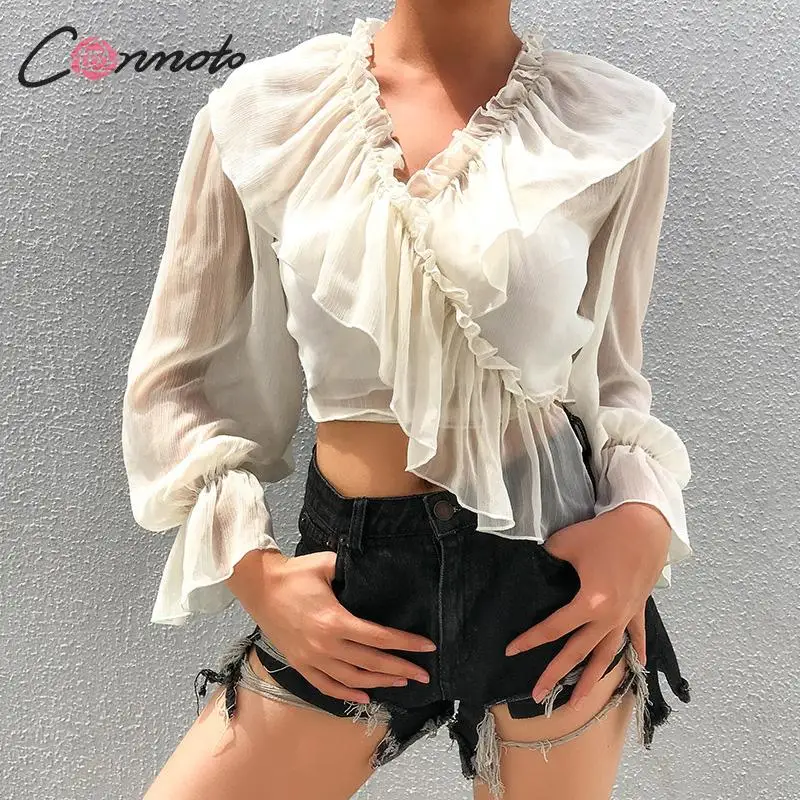 Conmoto женские модные прозрачные кроп топы и блузки с рюшами 2019 осень зима шикарные