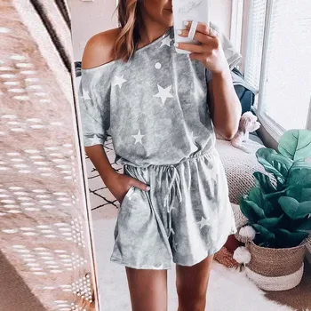 

Women Playsuit Summer Rompers O-neck Five Pointed Star Print Slim Rompers Home Bohemian Beach Jumpsuits Women Clothing Famale