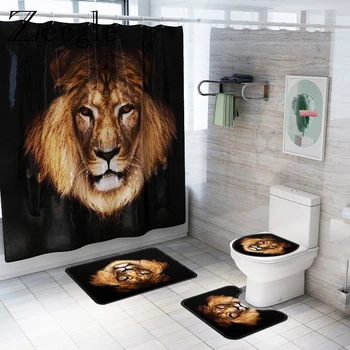 

Zeegle Lion Printed Bath Mat Set Shower Curtain with Hooks Waterproof Bathroom Curtain Anti Slip Bathroom Cover Toilet Seat Mat