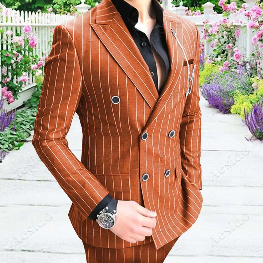 Aesido повседневные мужские костюмы Slim Fit 2 штуки полосатые двубортные смокинги для