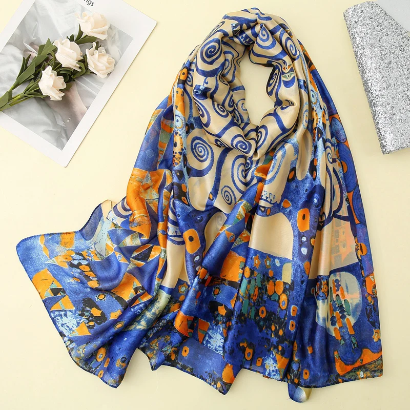Visual Axles Gustav Klimt Oil Painting Silk Scarf The Tree Of Life Shawl Foulard for Women Bandana Spring Scarves 3