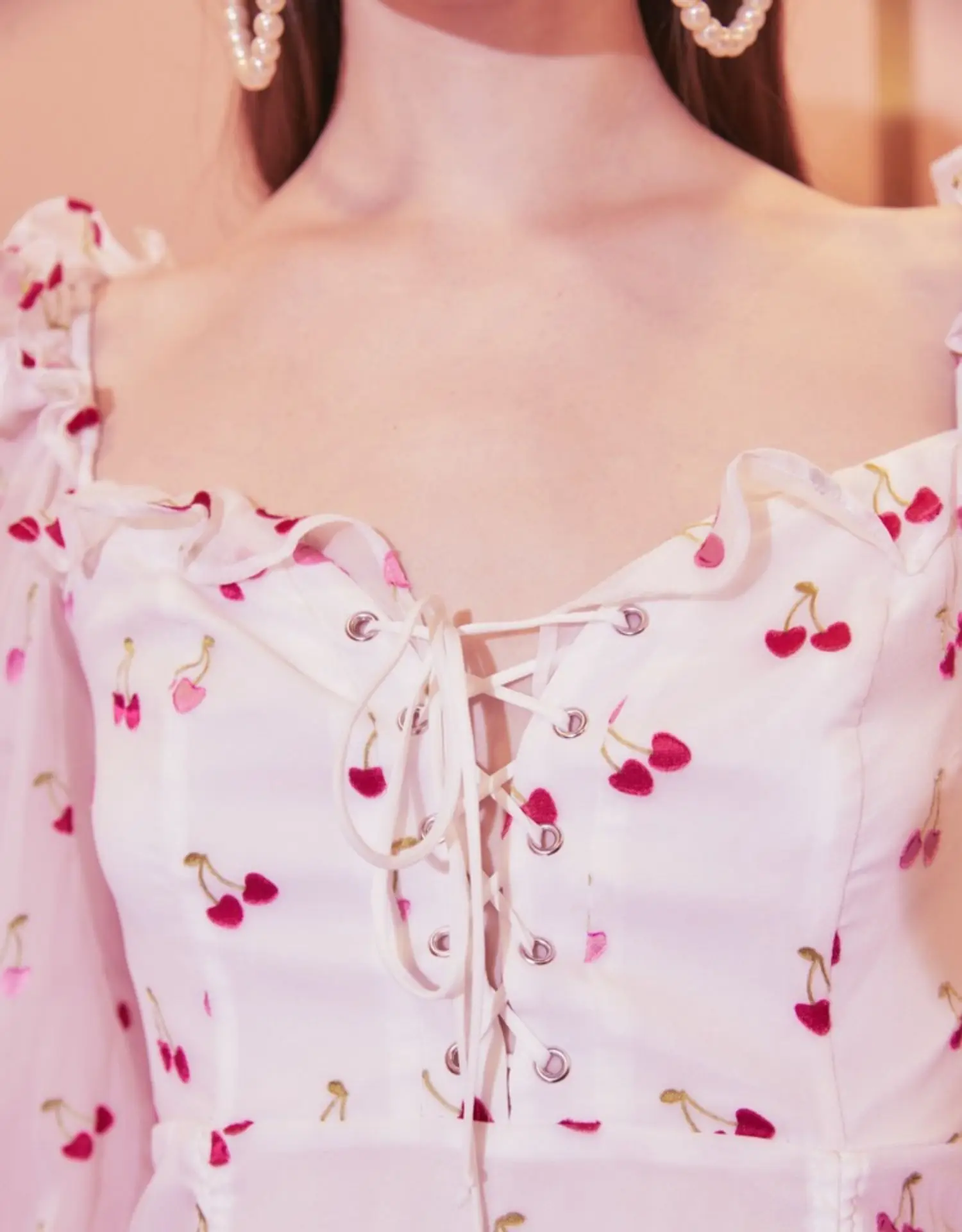 EASYSMALL For Love Lemons женское летнее платье высокого класса с высокой талией, Вишневое кружевное платье с рюшами и рукавами-фонариками