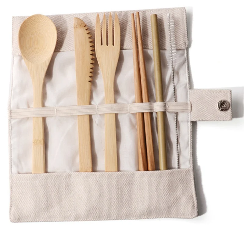 1 Набор бамбуковой посуды для путешествий многоразовый бамбуковый Набор ножей столовые приборы включает вилку ложку нож соломинка щетка для чистки с сумкой для переноски