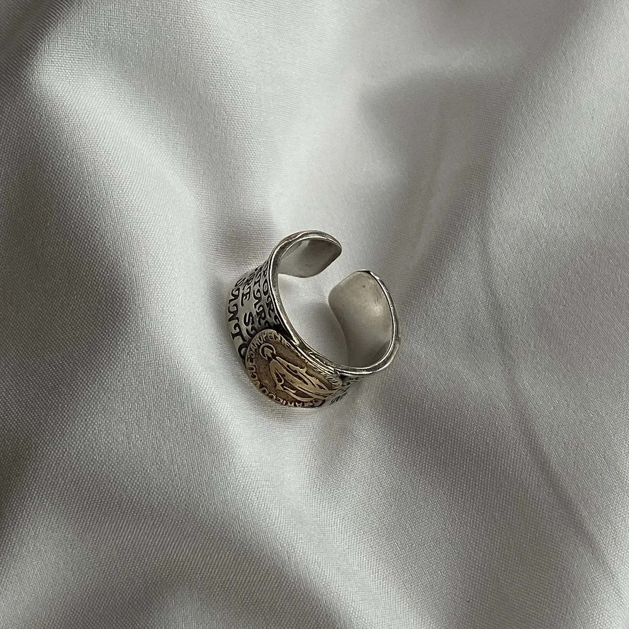 925 Sterling Silver Letter Engraving Band Maria Figure Ring for Female Ins Minimalist Vintage Silver Open Ring
