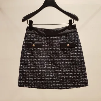

Women's Plaid Tweed Mini Skirts Elastic Waist Woven RetroSmall Fragrance Skirt with Pockets