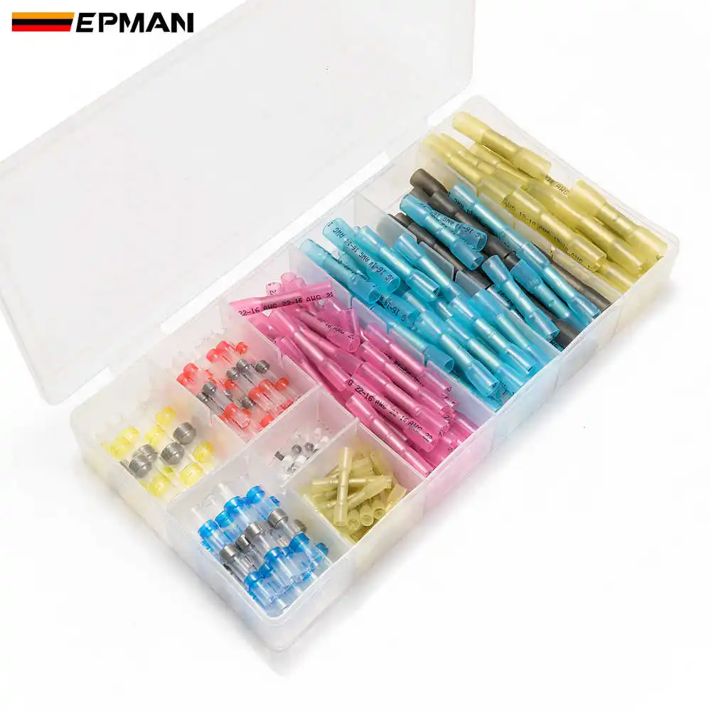 

EPMAN 200Pcs Solder Seal Butt Connectors+Heat Shrink Wire Terminals Kit Prevents Crimp Terminals Electrical Crimp EPH204GP200