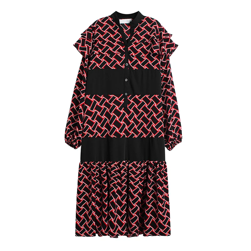 [EAM] Women Red Pattern Printed Big Size Dress New Stand Collar Long Sleeve Loose Fit Fashion Tide Spring Autumn 2020 1DA115