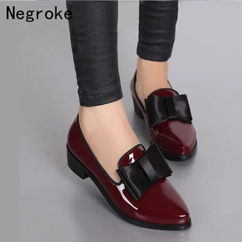 

New Women Pumps Fashion Bowknot Shiny Patent Leather Block Chunky Low Heels Single Shoes Woman Pointed Toe Pumps Zapato Mujer