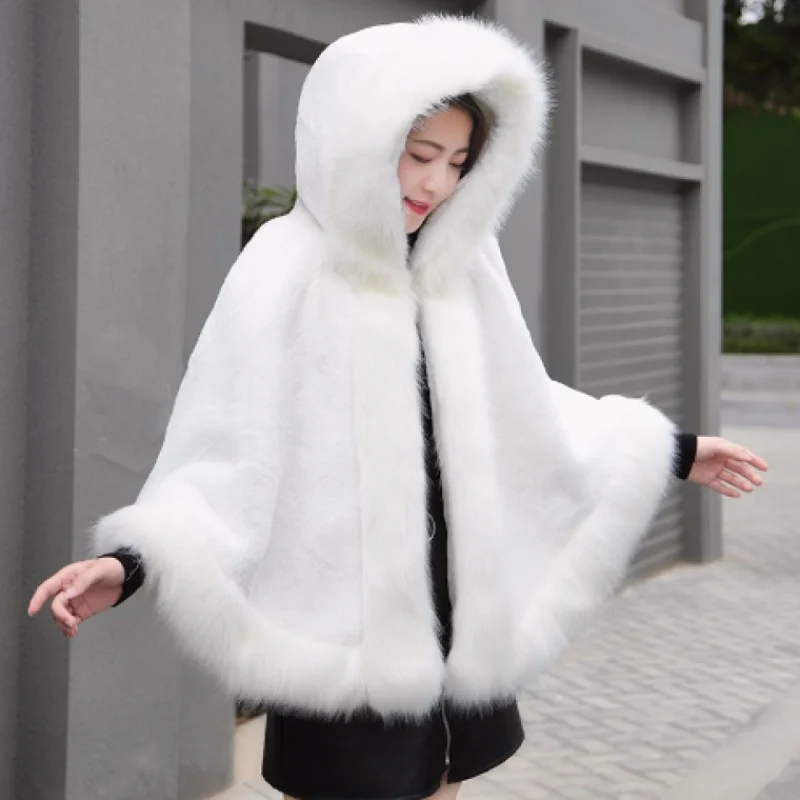 Новое Женское осенне-зимнее модное пальто из искусственного лисьего меха с капюшоном, свободное теплое пальто-пончо, плащ-манто casacos