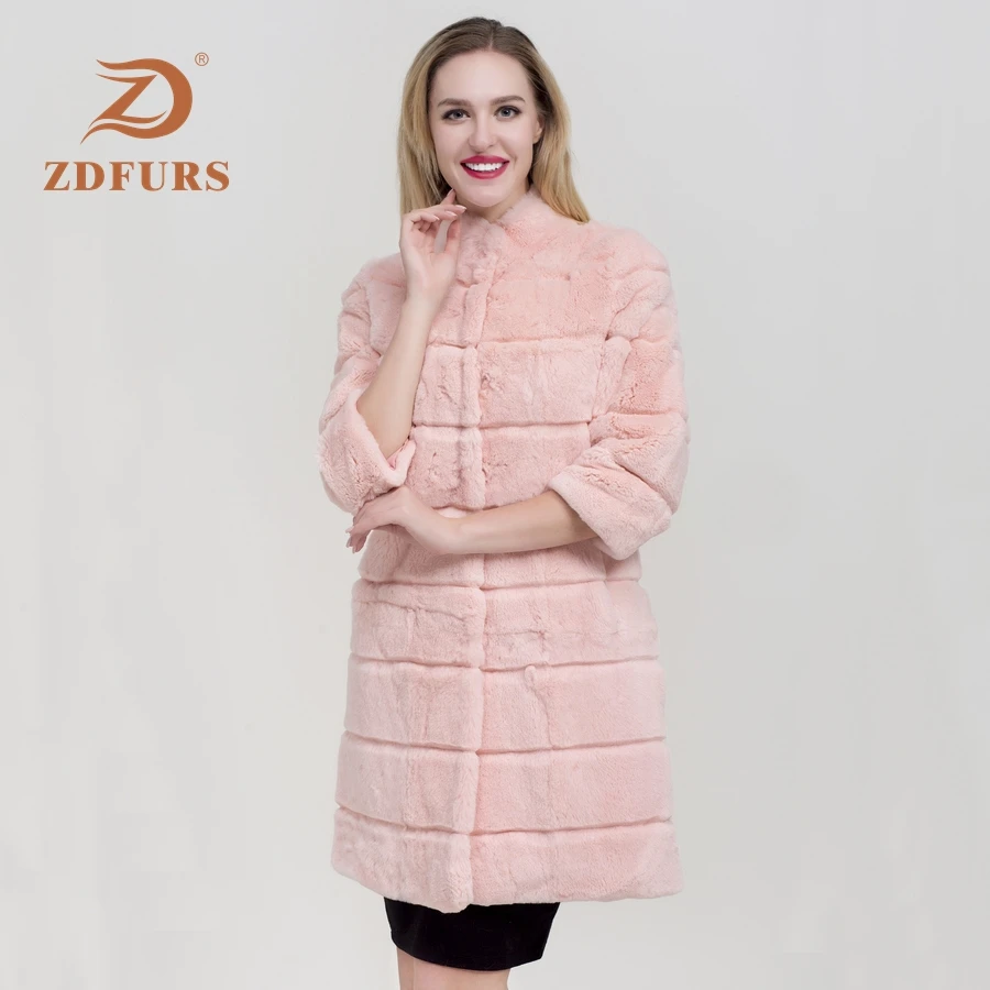 ZDFURS* Настоящий мех кролика пальто Женская Настоящая Меховая куртка Праздничная меховая настоящая верхняя одежда из кроличьего меха зимнее пальто - Цвет: pink