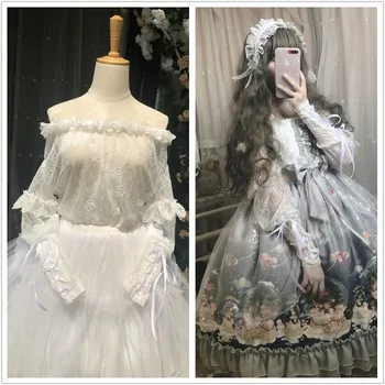 

Victorian British style Vintage Lolita Lace Chiffon Off Collar Doll Blouse Soft Girl Sweet Ruffles Loose Pullover Shirts Women
