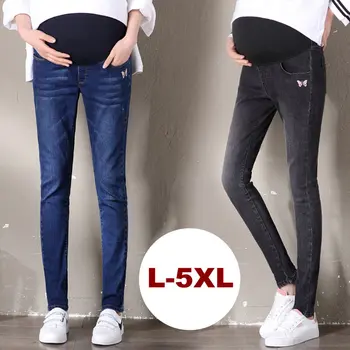 

Fashion Maternity Jeans Pants Butterfly Embroidery Clothes for Pregnant Women Pregnancy Nursing Prop Belly Denim Trousers L-5XL