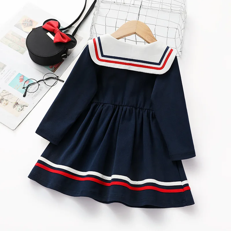 Осеннее платье для девочек детское платье в консервативном стиле с длинными рукавами и матросским воротником повседневная одежда для малышей от 1 до 6 лет, платье трапециевидной формы в полоску