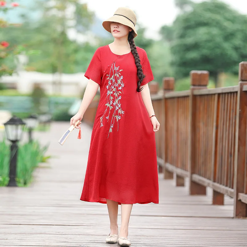 

2019 Summer New Style Retro Literature And Art Chinese-style Embroidered Mid-length Dress