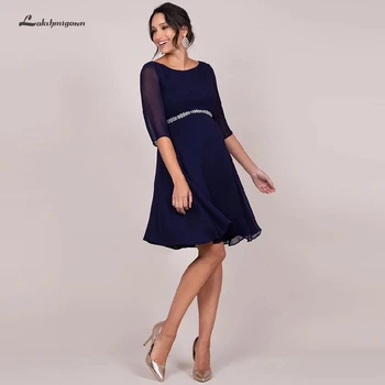 

Lakshmigown A Line Plus Size Short Bridesmaid Dresses Half Sleeves Navy Blue Pregnant Wedding Guest Party Dress Vestidos 2019