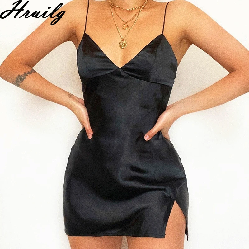 Sexy Sleeveless Backless Bodycon Dress V-Neck Solid Satin Hem Split Mini 2020 Summer Women's Fashion Slim Streetwear | Женская