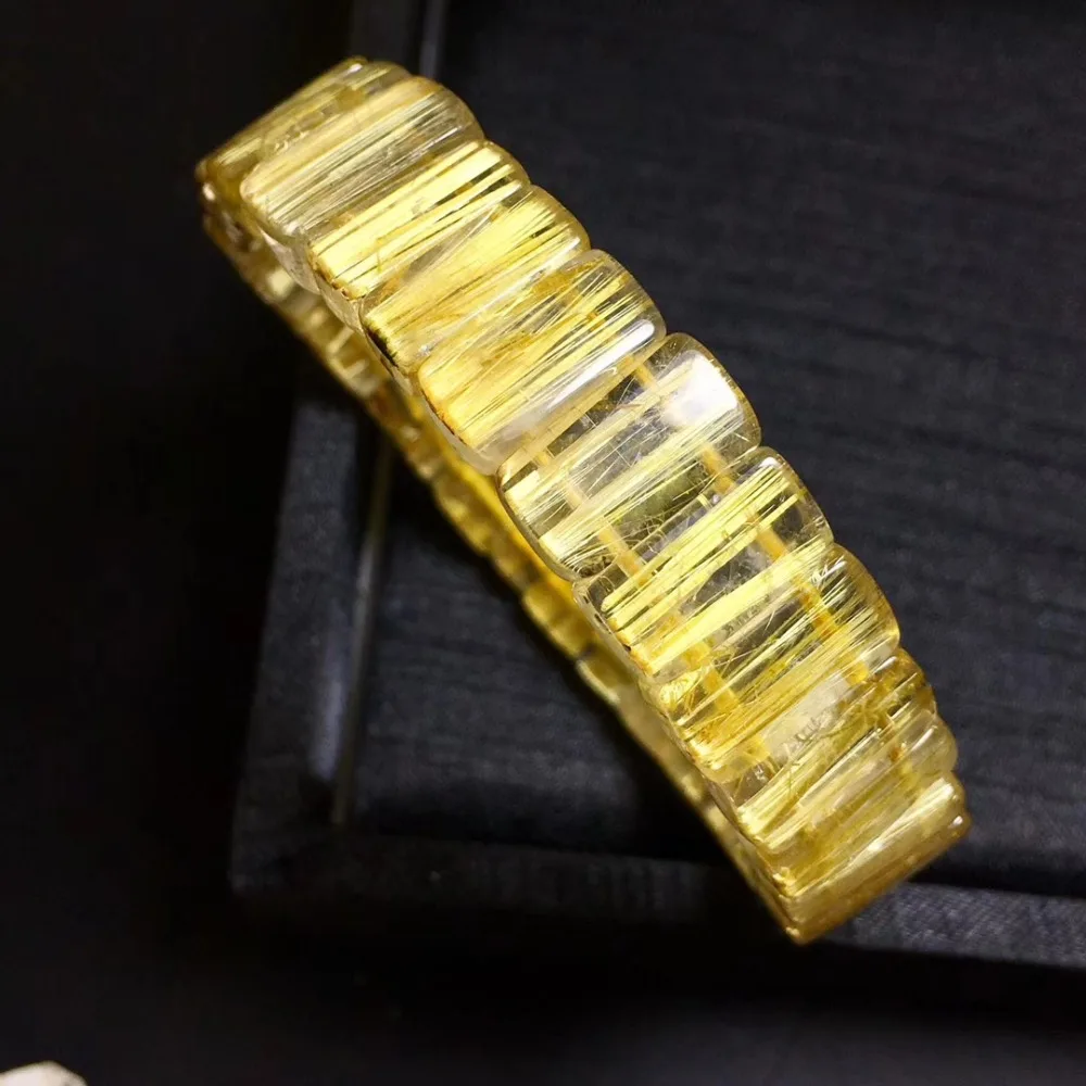 13x5mm Natural Gold Rutilated Titanium Quartz Crystal Bracelet Woman Man Rectangle Beads Jewelry Brazil Certificate AAAAA