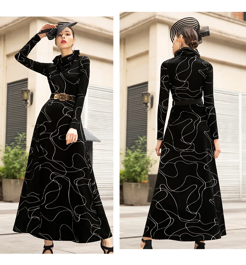 Осенне-зимнее длинное платье для женщин с длинным рукавом, водолазка, а-силуэт, черные вечерние платья макси в винтажном стиле, большие размеры, M-4XL