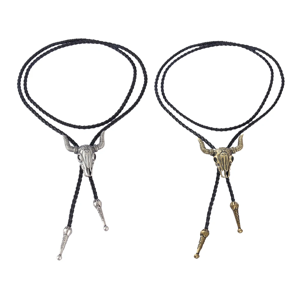 Western Texas Longhorn Buffalo Steer Cow Skull Leather Rodeo Bolo Tie Necktie for Men