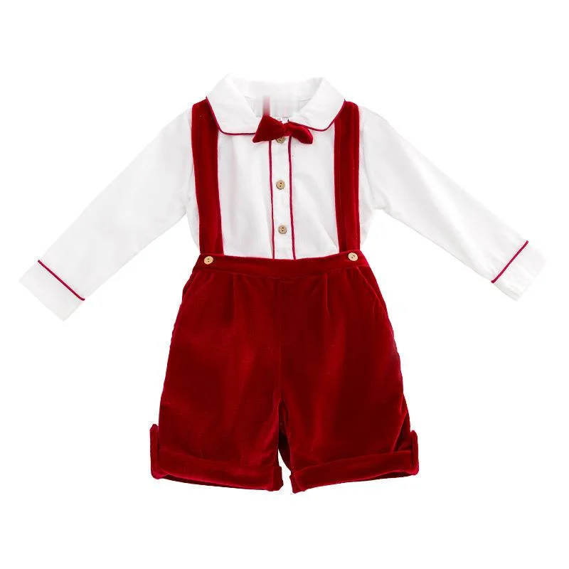 2021new Baby Boys' Suit Pure Cotton Shirt Bow Tie Strap Velvet Shorts
