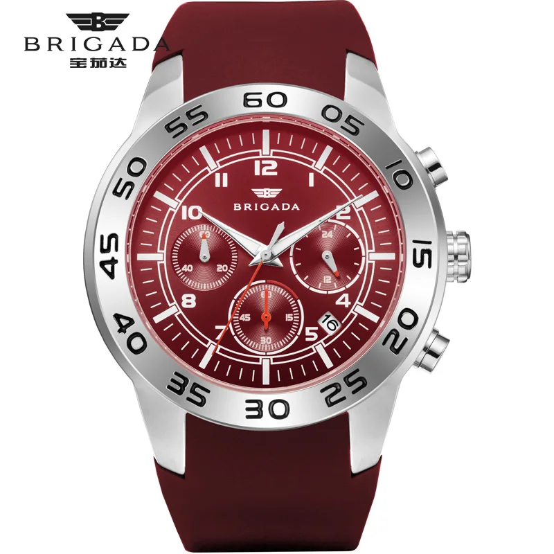 

Men Watches 2019 Luxury Brand Brigada Quartz Watches Men 44mm wine Red Silica strap Chronograph Date wristwatch Horloges Mannen