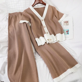 

solid knitted button women pant sets autumn new v-neck cardigan and wide leg ankle length pant lady elegant pant suits