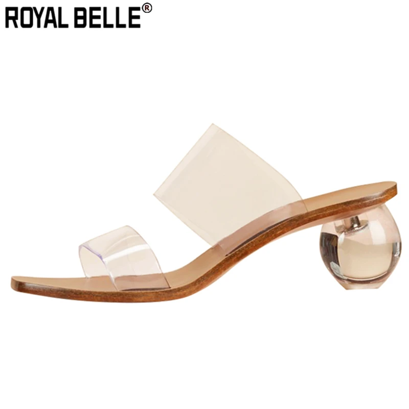 

Royal Belle Transparent Ball Heel Women Slippers Square Toe Clear Heels PVC Ladies Mules Summer Gladiator Sandals Casual Slides