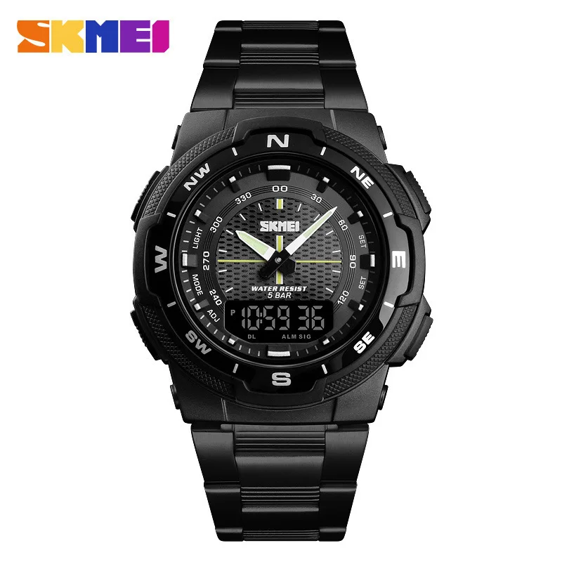 

Skmei Night Light Alarm Clock Week Date Display Men Quartz Electronic Dual Display Steel Belt Watch