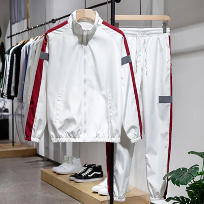 

Men's Summer Leisure Sports Suit Tide Fashion Couple Two-piece Long Sleeve Jacket + Trousers New Reflective Men Clothes