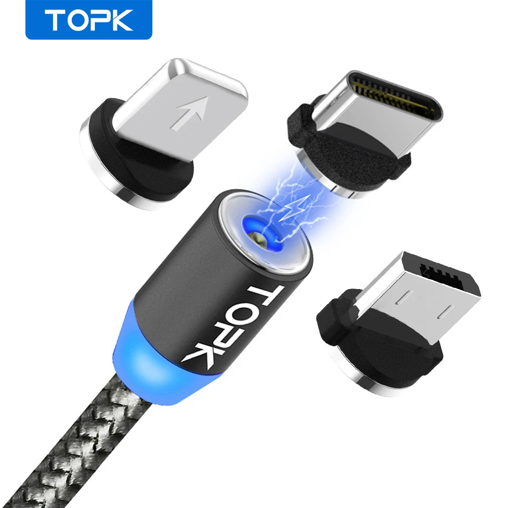 TOPK AM17 LED Magnetic USB Cable / Micro USB / Type C For iPhone X Xs Max Magnet Charger for Samsung Xiaomi Pocophone USB C|Mobile Phone Cables|Cellphones & Telecommunications - AliExpress