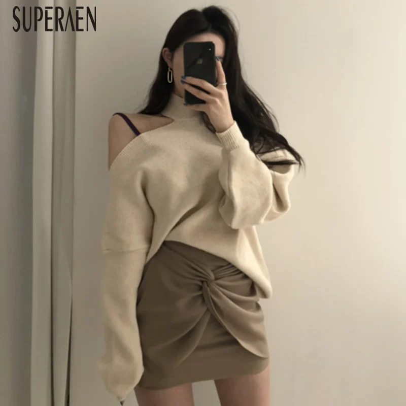 SuperAen с открытыми плечами женские пуловеры свитера Дикая мода женксие кофты сплошной цвет Осень новинка вязаные топы женские