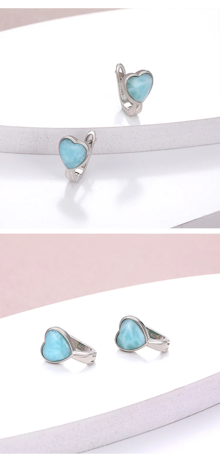 2021 Simple Fashion Geometric LOVE Charm 925 Sterling Silver Jewelry Gift Classic Natural Precious Larimar Earrings for Women