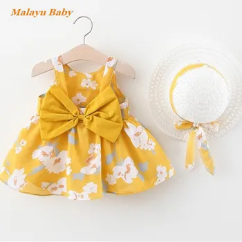 

Baby girl dress 2020 summer new cotton print bow princess dresses girl suspender dress Toddler baby clothes girls Free Sun Hat