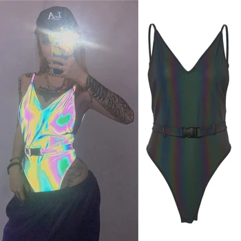 

Jazz Dance Laser Costume Women Adult Hip Hop Shiny Sling Jumpsuit Nightclub Bar Rave Party Celebraty Stage One-Piece DQL2092