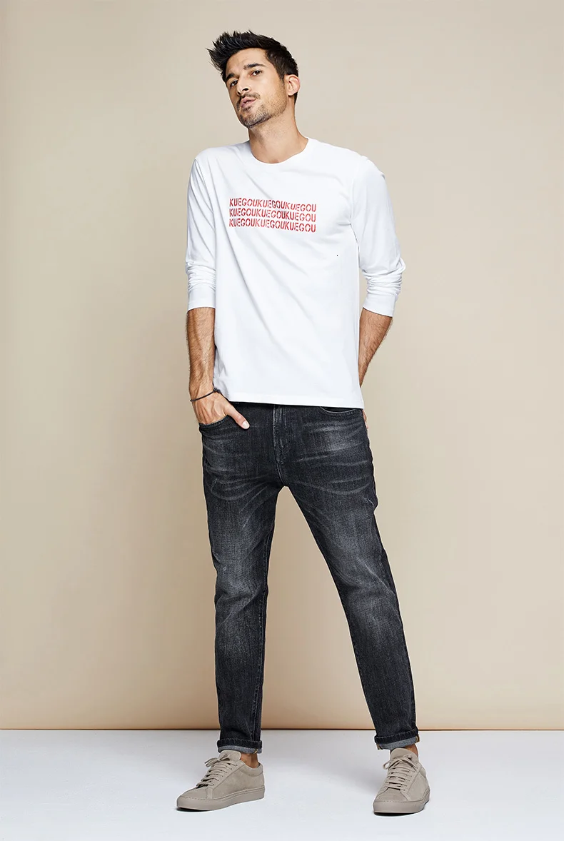 KUEGOU осень хлопок принт белый черный футболка мужская футболка брендовая футболка с длинным рукавом Футболка модная одежда Топ 7756