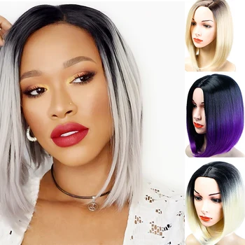 

DIANQI Synthetic Short Bob style Wigs For female Natural Brown Black purple golden Linen Grey Wig With Korean Air bangs 14inch