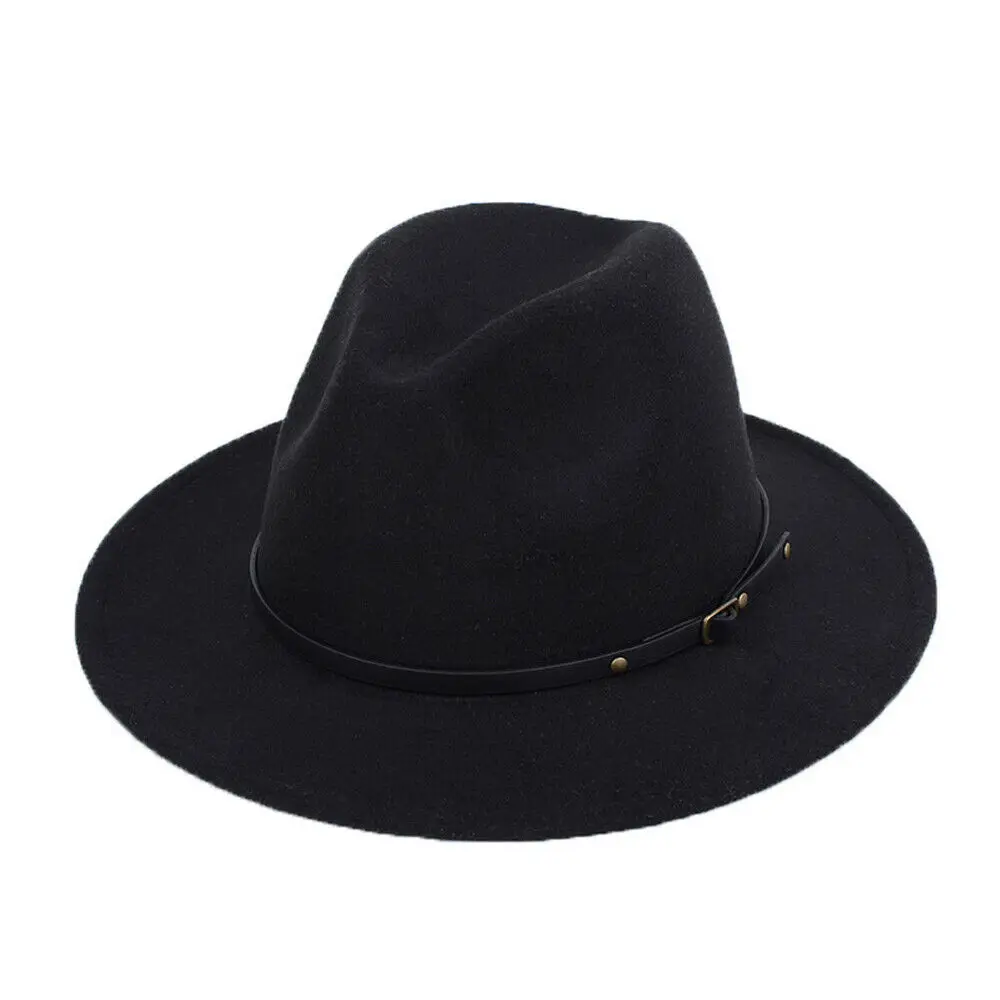 Новая модная женская мужская шерстяная фетровая шляпа, Панама, шляпа с широкими полями, пряжка на ремне, фетровые ковбойские шляпы, черные, оранжевые, желтые, хаки - Цвет: Черный