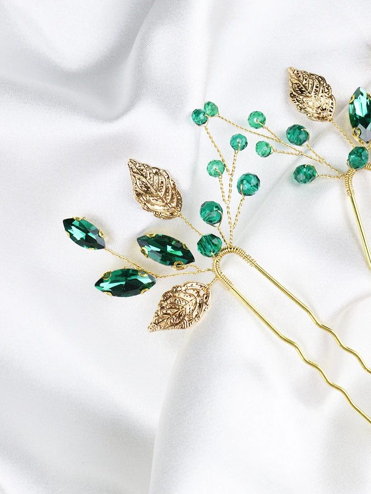 Green Rhinestones Wedding Hairpins Gold Leaves Bridal Hair Clips Prom Banquet Women Hair Accessories Festival Jewelry hair accessories,bridal hair accessories