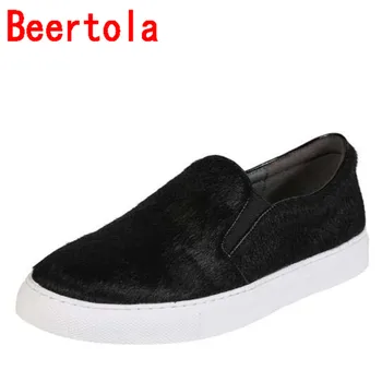 

2020 Hot Horsehair Shoes Women Zapatillas Mujer Round Toe Flat Bottom Slip-On Chaussures Femme Two Style Black Color Loafers