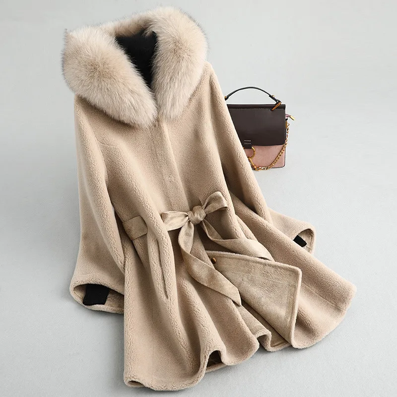 beige camel AYUNSUE пальто из натурального меха зимняя куртка для женщин лисий меховой воротник овечья шерсть куртки шерстяное пальто Женская замшевая кожа MY3848 - Цвет: beige camel
