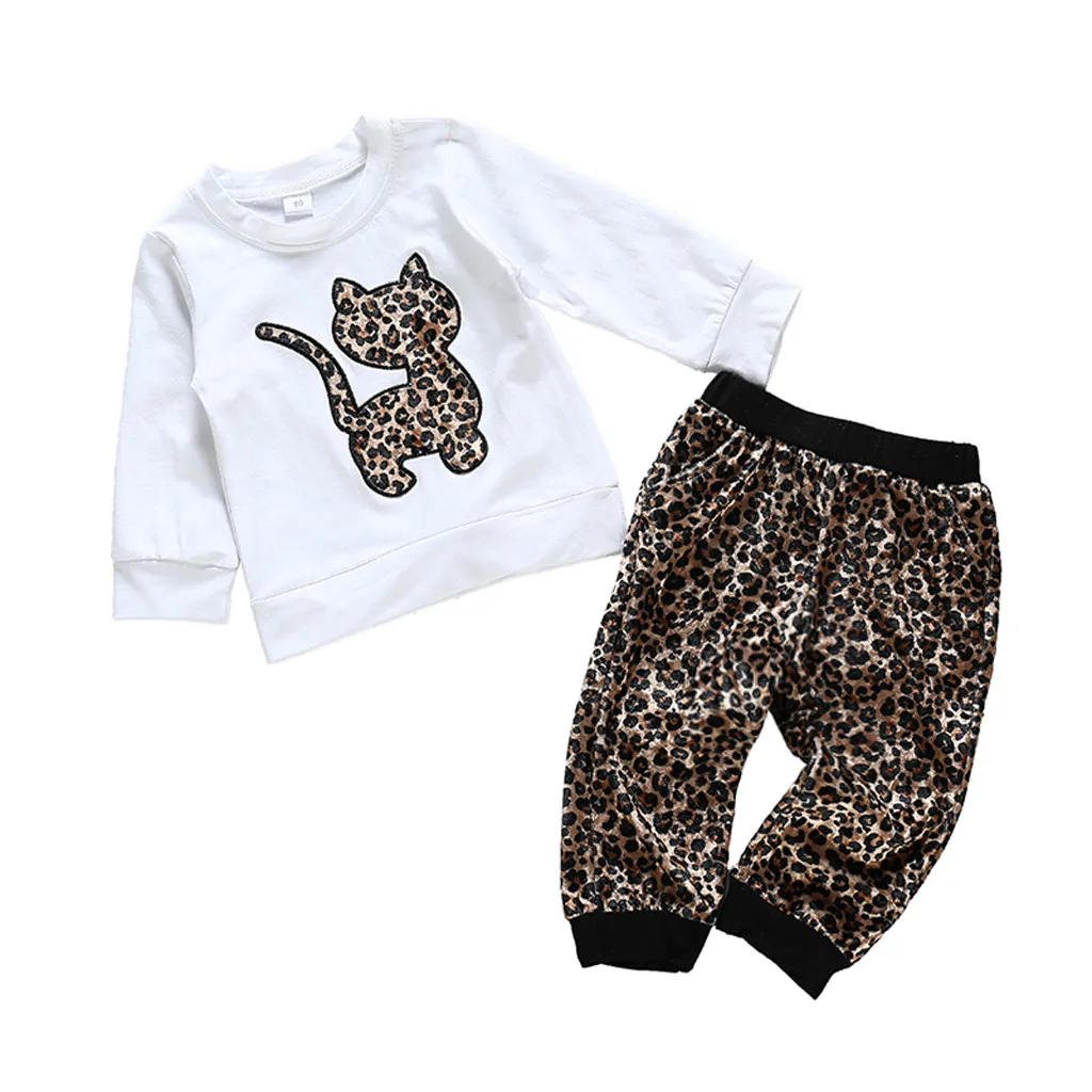 Детская одежда осенне-зимняя повседневная одежда футболка с леопардовым принтом для маленьких девочек топы, штаны, комплект одежды - Цвет: Белый