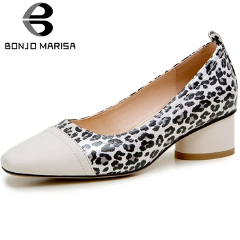 

BONJOMARISA Sexy Ladies Spring Pumps Square Heels Leopard Mixed Color Pumps Women Genuine Leather Slip On Shoes Woman