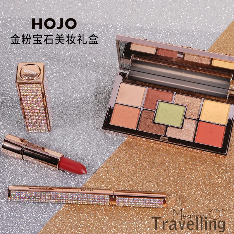 Hojo набор для макияжа, рождественский подарок, 3 шт., яркие мерцающие тени для век с сексуальными красными матовыми губными помадами, крутая Черная Подводка для глаз, BN192