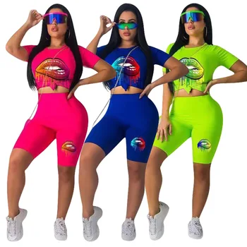 

ZOOEFFBB Neon Green Lips Print Two Piece Set Tracksuit Tops and Shorts Matching Suit Casual Festival 2 Piece Outfits for Women
