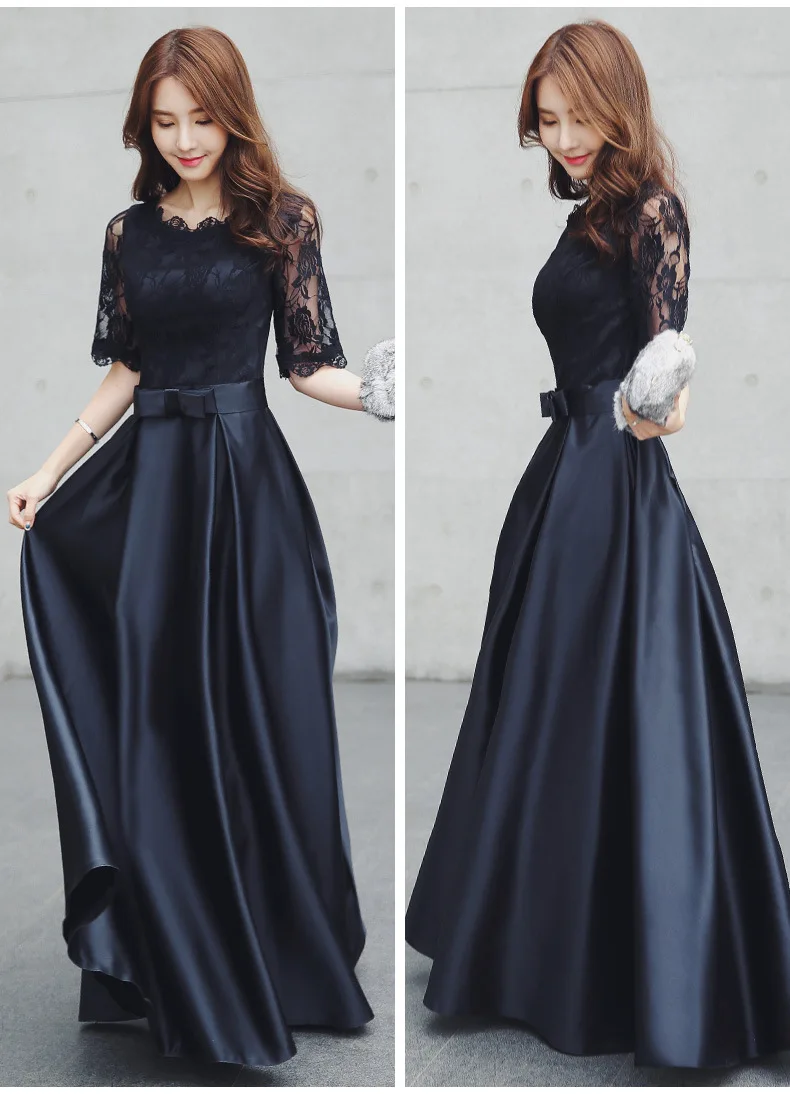 Long Dress Black Сладкие воспоминания темно-синие вечерние платья Половина рукава Кружева Атласное чёрное коктейльное платье Красный цвет шампанского Sw1997 - Цвет: Long Dress Black