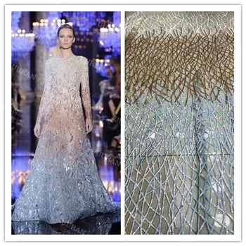 

African French Net Lace Fabrics Blue Tulle Lace Fabric Embroiderysequins Mesh Lace Sequence for Party Dress
